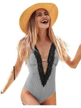 Cupshe Womens M One-Piece Swimsuit Striped Black Lace Deep V-Neck Swimwear